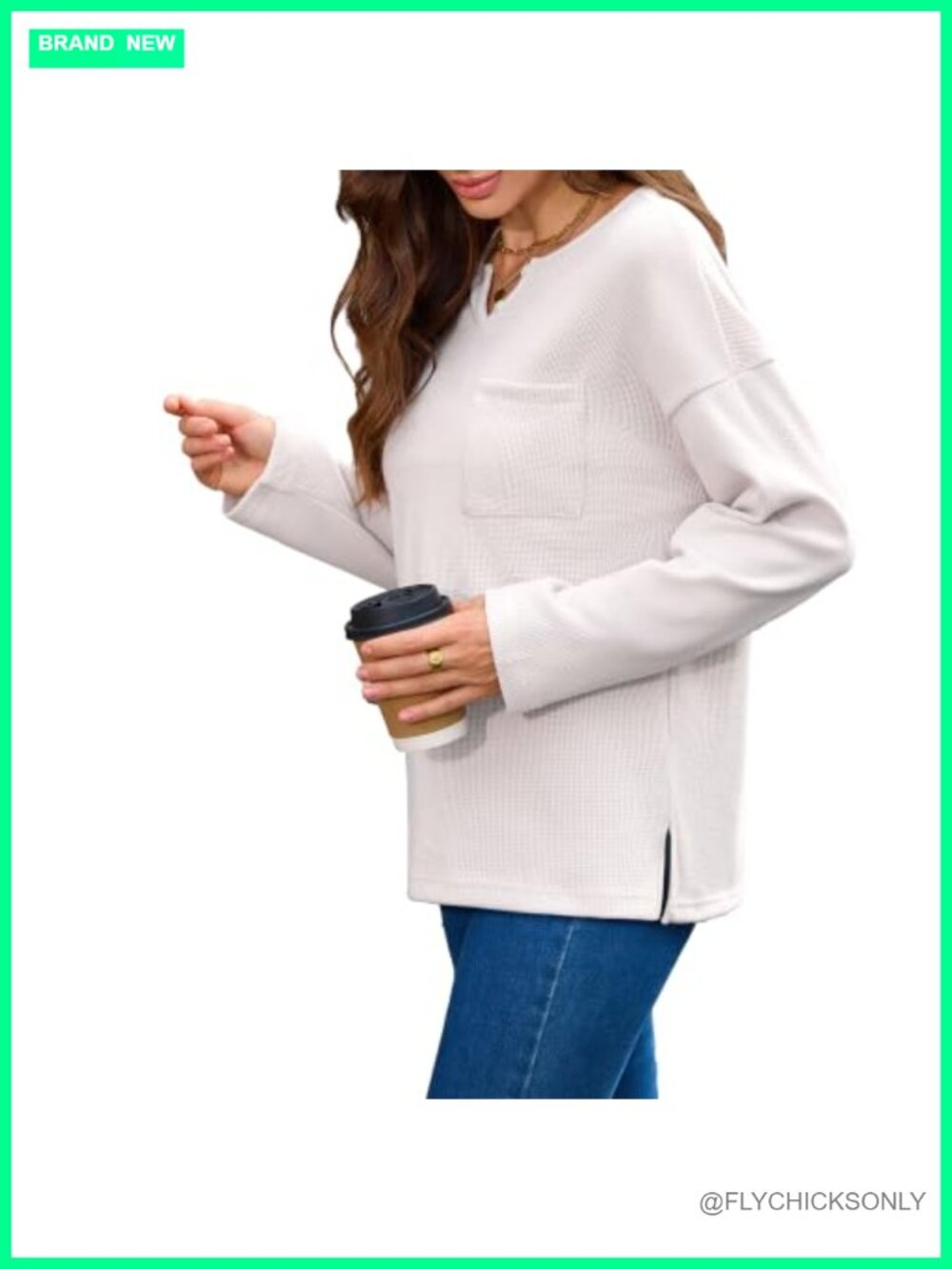 Womens Waffle Knit Tunic Top Relaxed V-Neck Long Sleeve Pullover